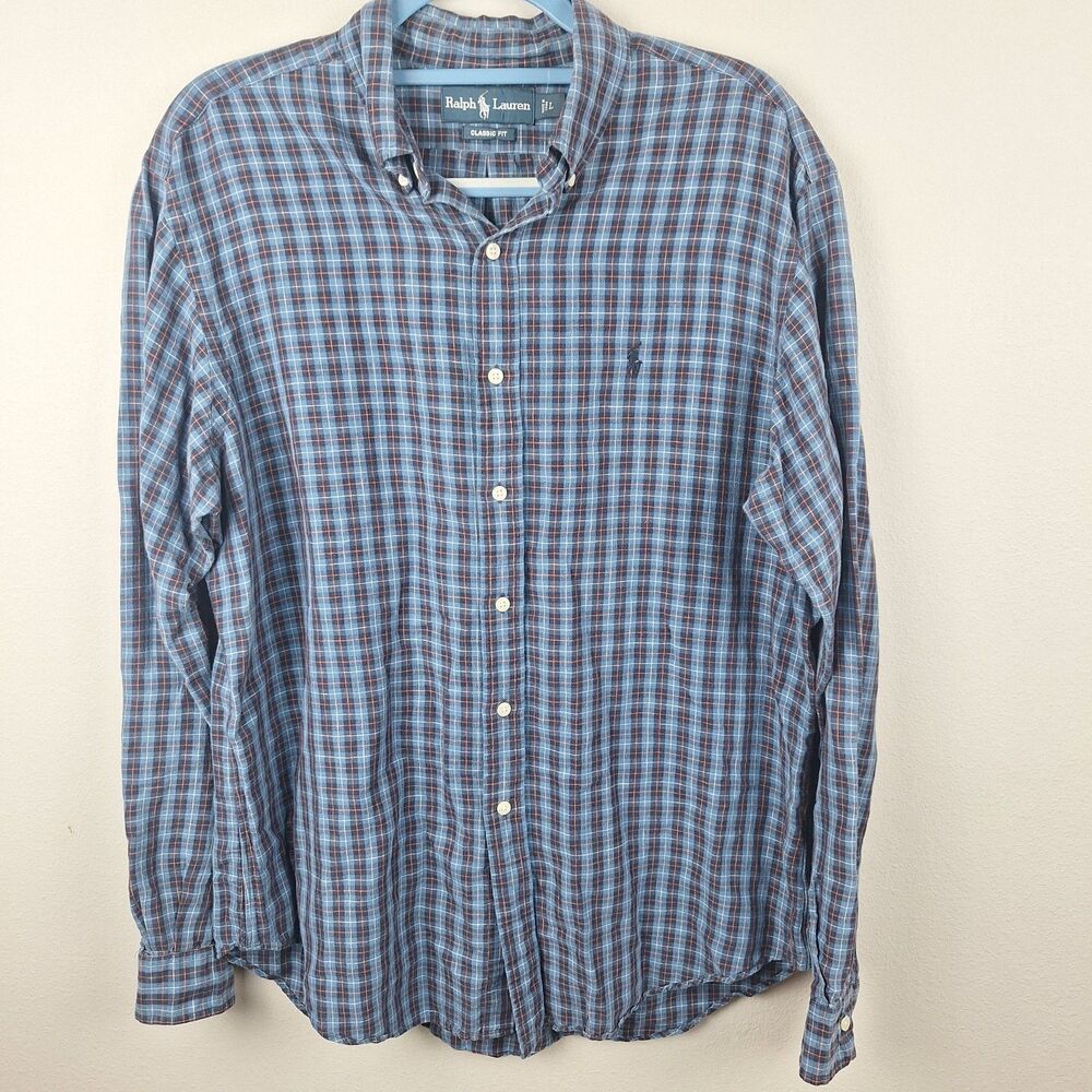 Ralph Lauren Classic Fit Blue Plaid Button Down Shirt Mens Large w/ Pony